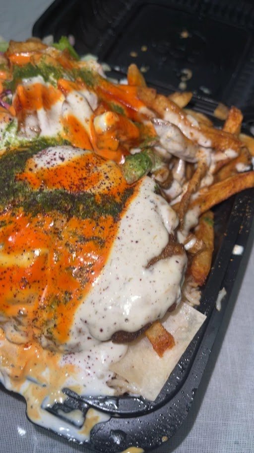 Chapli kabab platter with fries and sauces