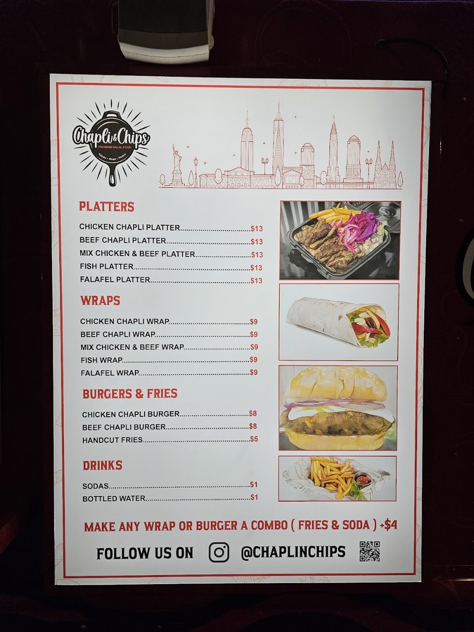 Restaurant menu with wraps, burgers, and sodas