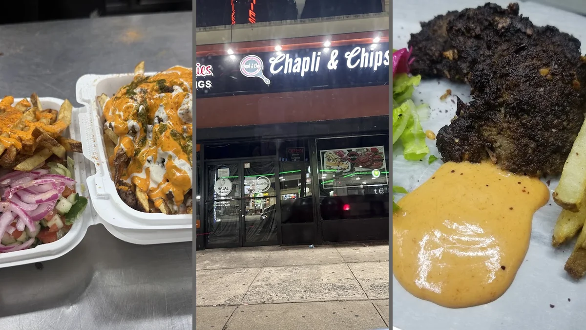 Wrapped halal chapli sandwich on a tray